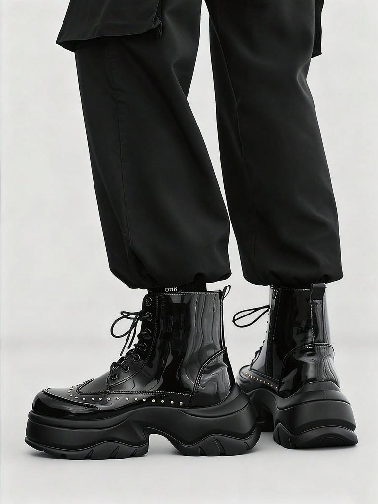 Designer Rivet  Men's Motorcycle Boots Punk Shoes Rock Stage Style Lace Up Thick Sole 4.5CM Elevator Shoes Men Leather Boots