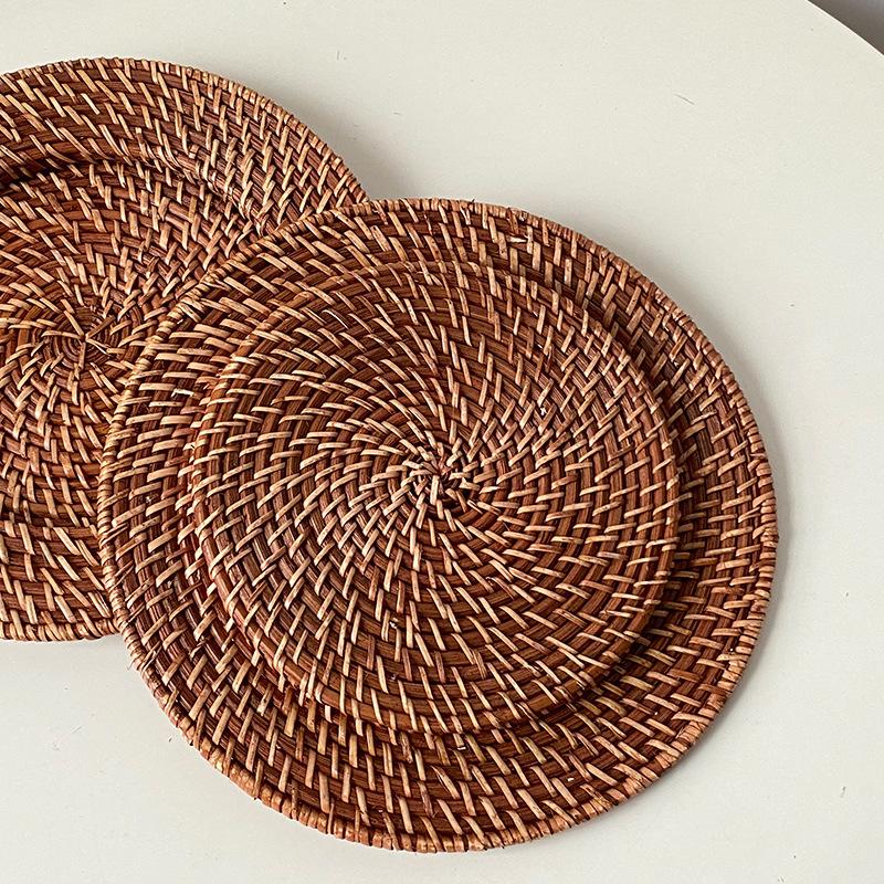 HeMu Handmade Creative Rattan Storage Tray Living Room Restaurant Coffee Bread Tray Hollow Fruit Tray Rattan Insulation Pad