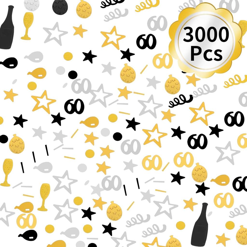 3000 Pieces Happy Birthday Number 60 Confetti - Black Gold Silver Party Decorations for Cake, Table Scatter, Anniversary (60th Style)