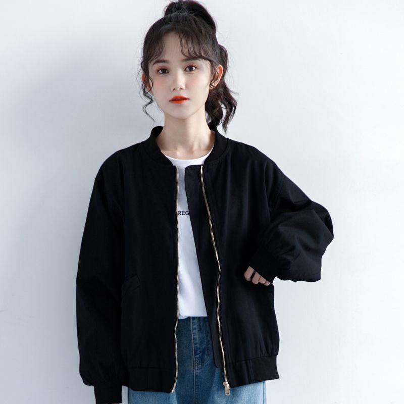 2023 Retro HK-Style Women's Black Baseball Jacket - Casual Spring/Autumn Short Coat