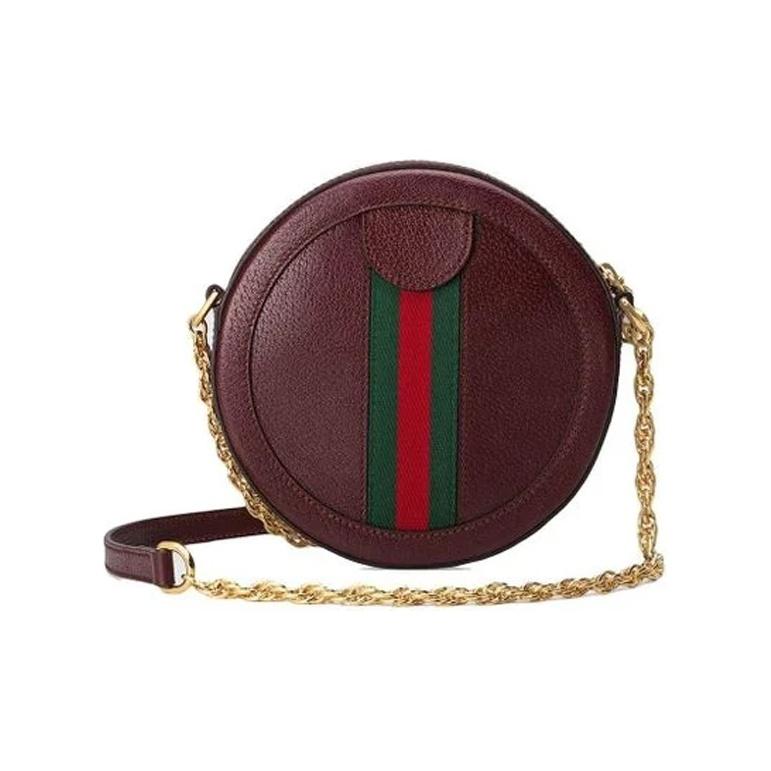 Gucci Zlatý pruhovaný kožený kulatý batoh s logem Dámské kabelky Tmavě červená 550618-CWG1G-6673