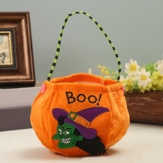 Xiaobudian Halloween Trick or Treat Bucket, 9.8x5.9 Inch Pumpkin Witch Black Cat Plush Tote Bag, Soft Candy Basket with Handle for Party Favors