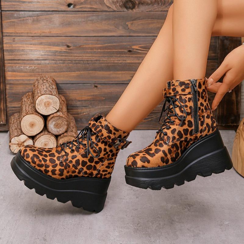 New Popular Lace Up Zipper Women Boots Round Toe Mixed Colors Leopard Print Platform Water Proof Boots Shoes for Women