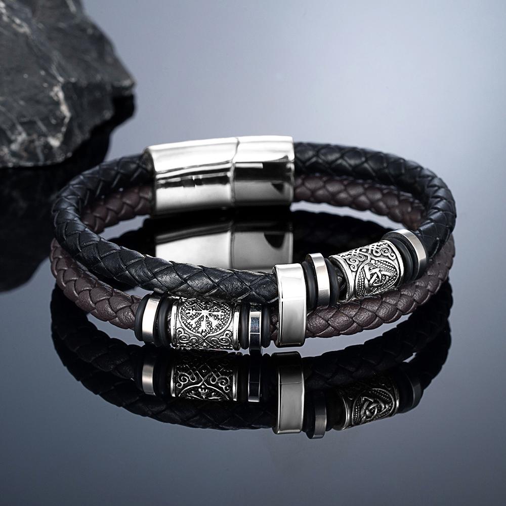 Viking Norse Runes Bracelet Stainless Steel Genuine Leather Adjustable Bangle Men Women Punk Jewelry Scandinavian Couple Gifts