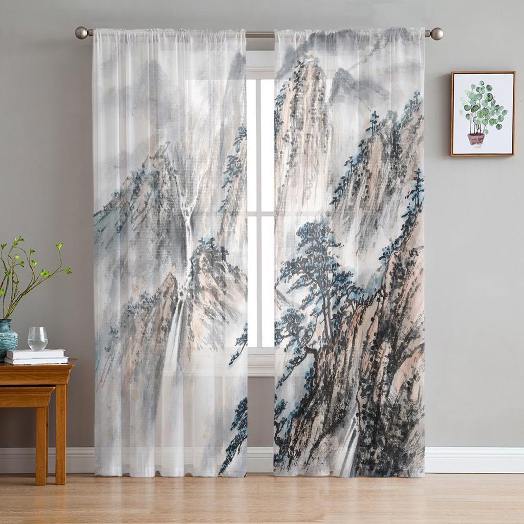 Landscape Ink Painting Chinese Style Sheer Tulle Window Curtains For Living Room Bedroom Kitchen Veiling Curtain Home Decoration