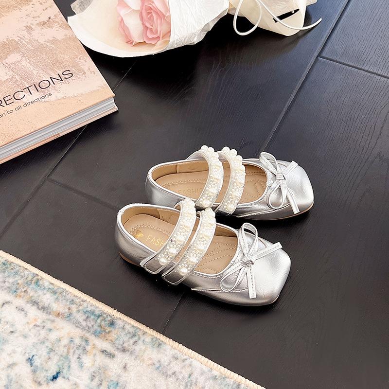 Kids Girls Mary Jane Shoes with Pearl Bow Decor