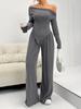 Elegant One-Shoulder Solid Color Two-Piece Set with Irregular Long Sleeve & Wide-Leg Pants for Women