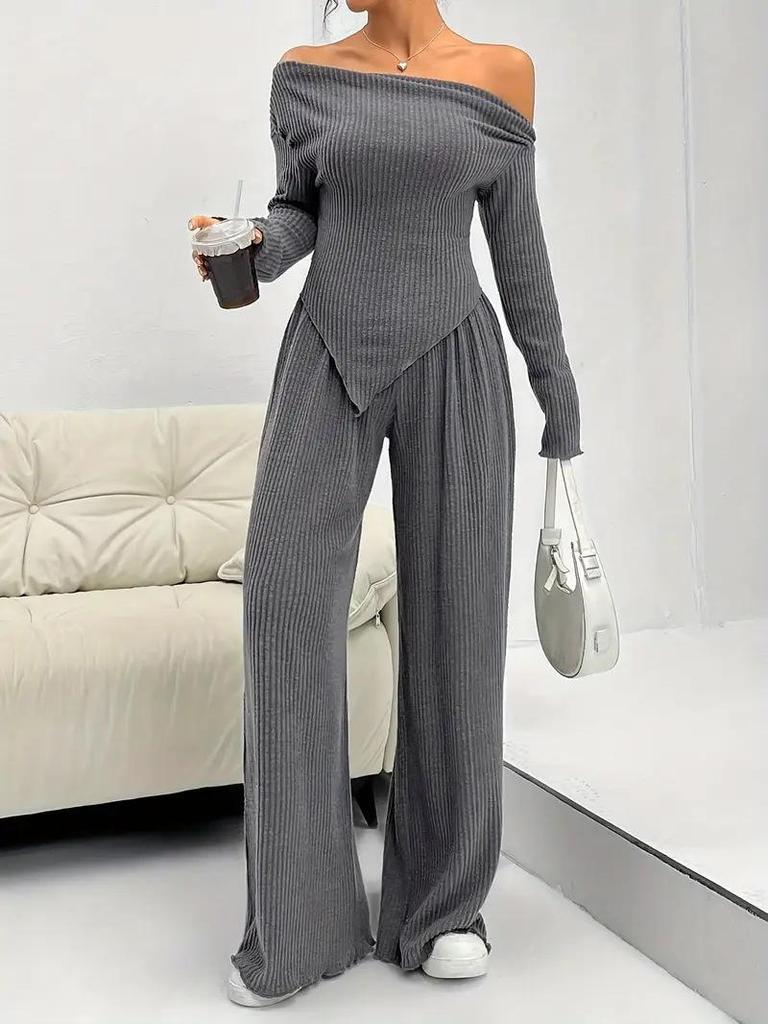 Elegant One-Shoulder Solid Color Two-Piece Set with Irregular Long Sleeve & Wide-Leg Pants for Women
