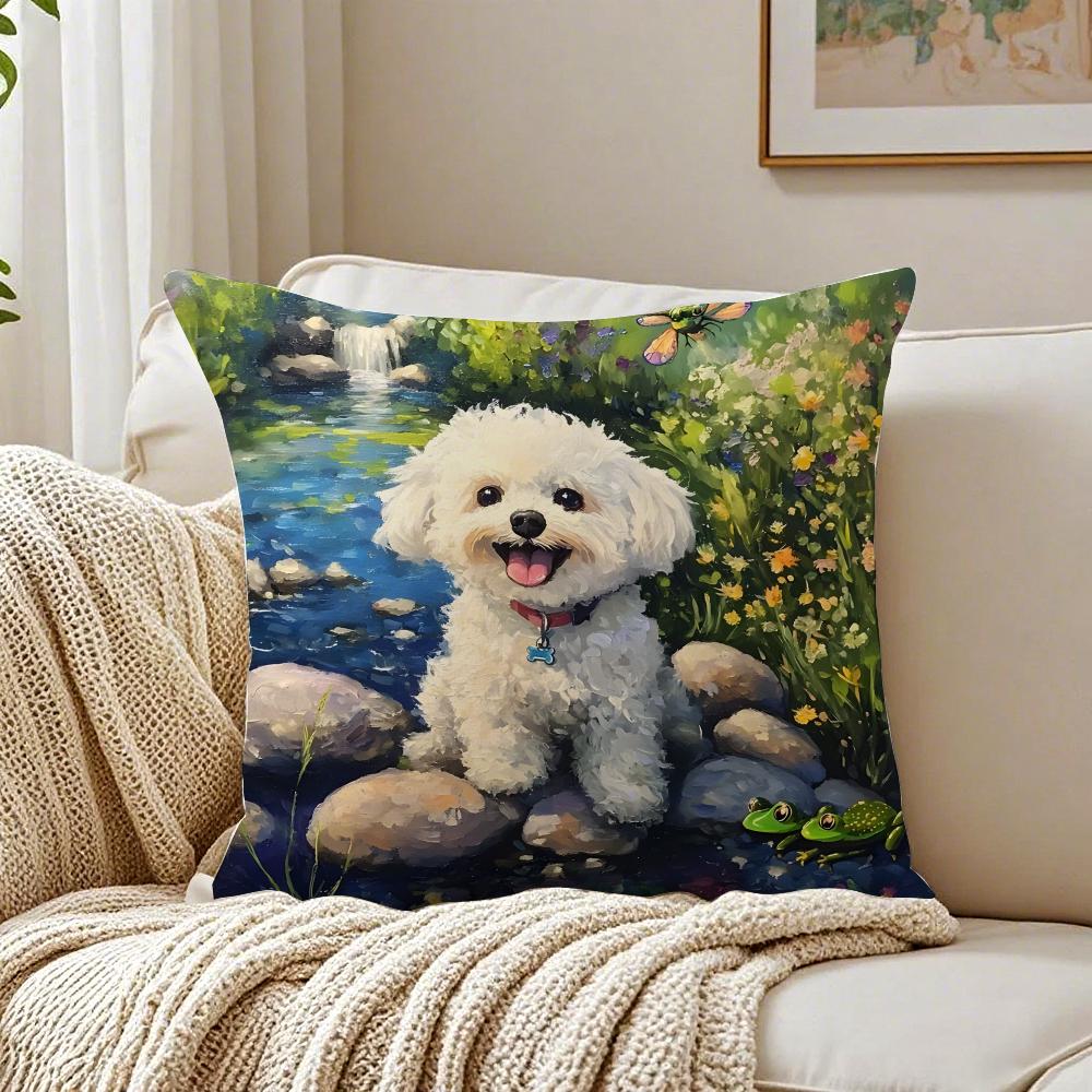 BBichon Frise Cushion Cover Linen Pillowcase Soft for Sofa Bed Home Room Decor