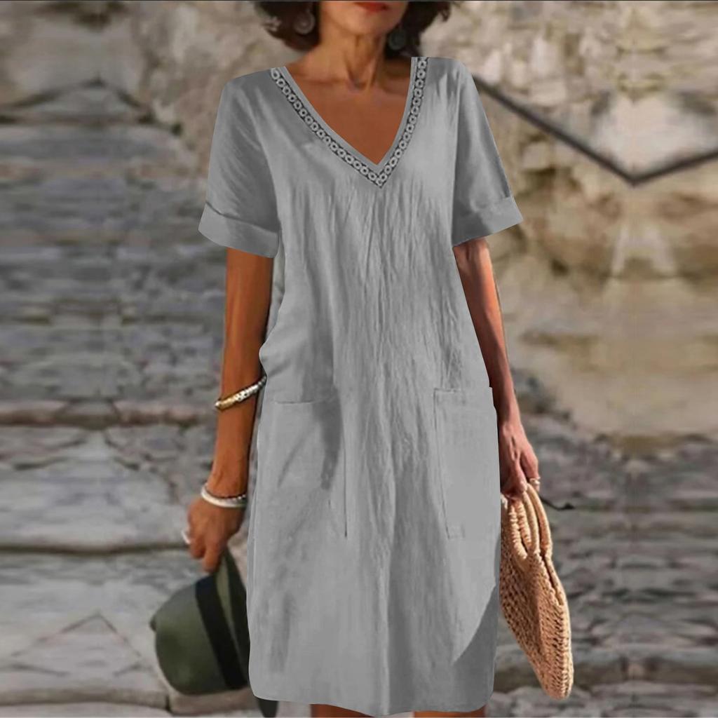 V-Neck Short Sleeved Cotton Linen Color Medium Length Dress For Women