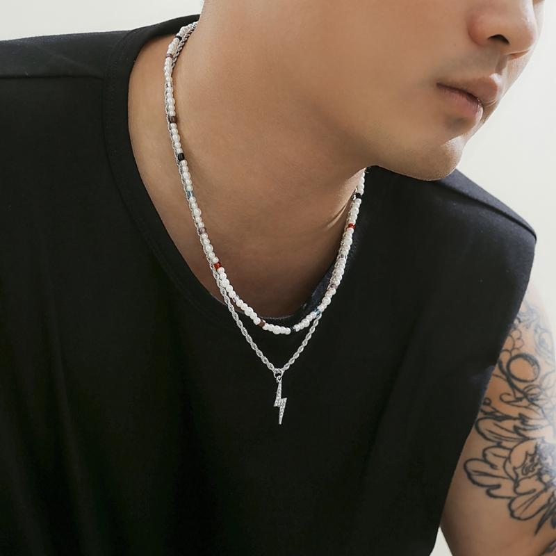 Bolt/Star Pendant Choker Layered Necklace Imitation Pearls Bead Neckchain for Women Girls Fashionable Jewelry Gift