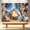 Merry Christmas, Nativity Scene Banner - Starry Night with Jesus In a Manger, Polyester Fiber Indoor and Outdoor