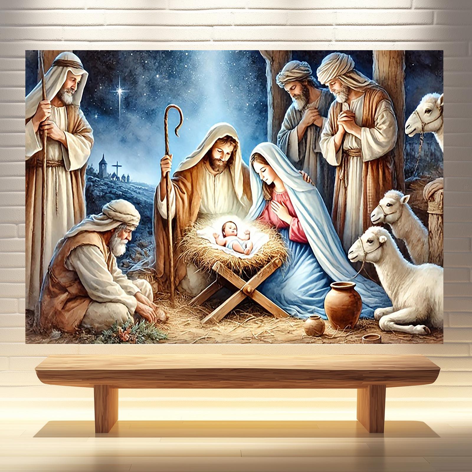 Merry Christmas, Nativity Scene Banner - Starry Night with Jesus in a manger, polyester fiber indoor and outdoor 100x150cm