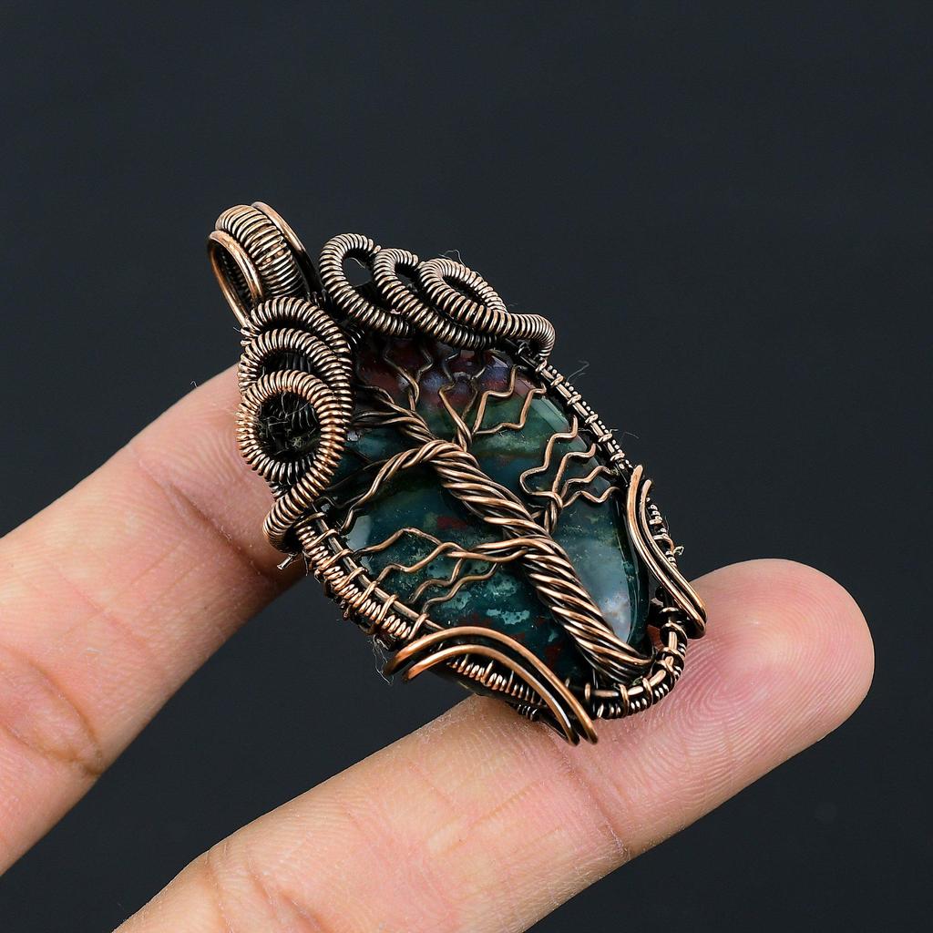 Elegant Indian Moss Agate Gemstone Pure Copper Wire Wrapped Handmade Pendant Jewelry