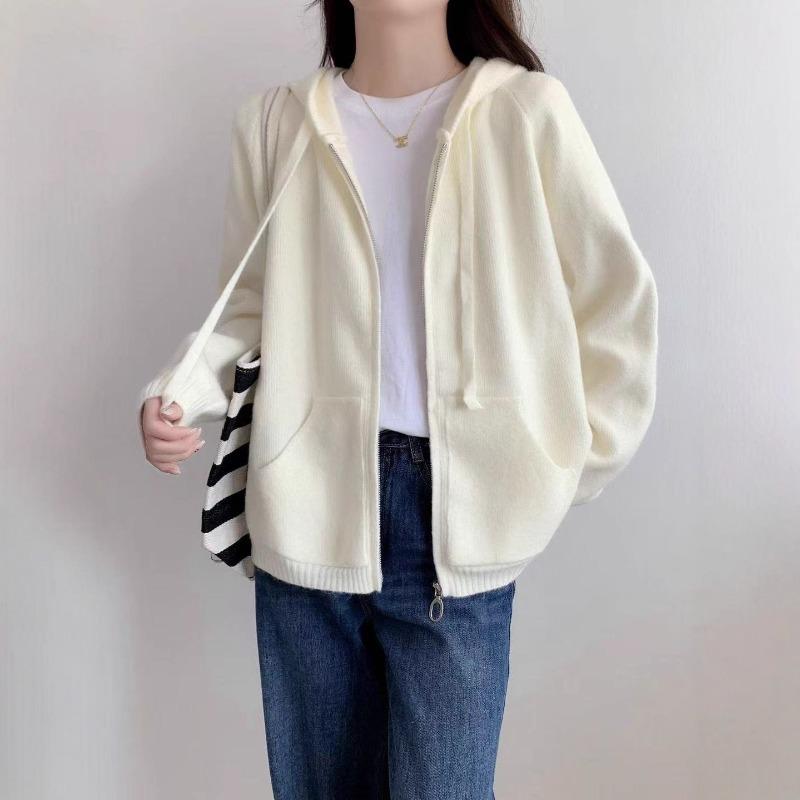 New Solid Color Lazy Wind Hooded Zipper Knitted Cardigan Casual Drawstring Sweater Thick Coat Women