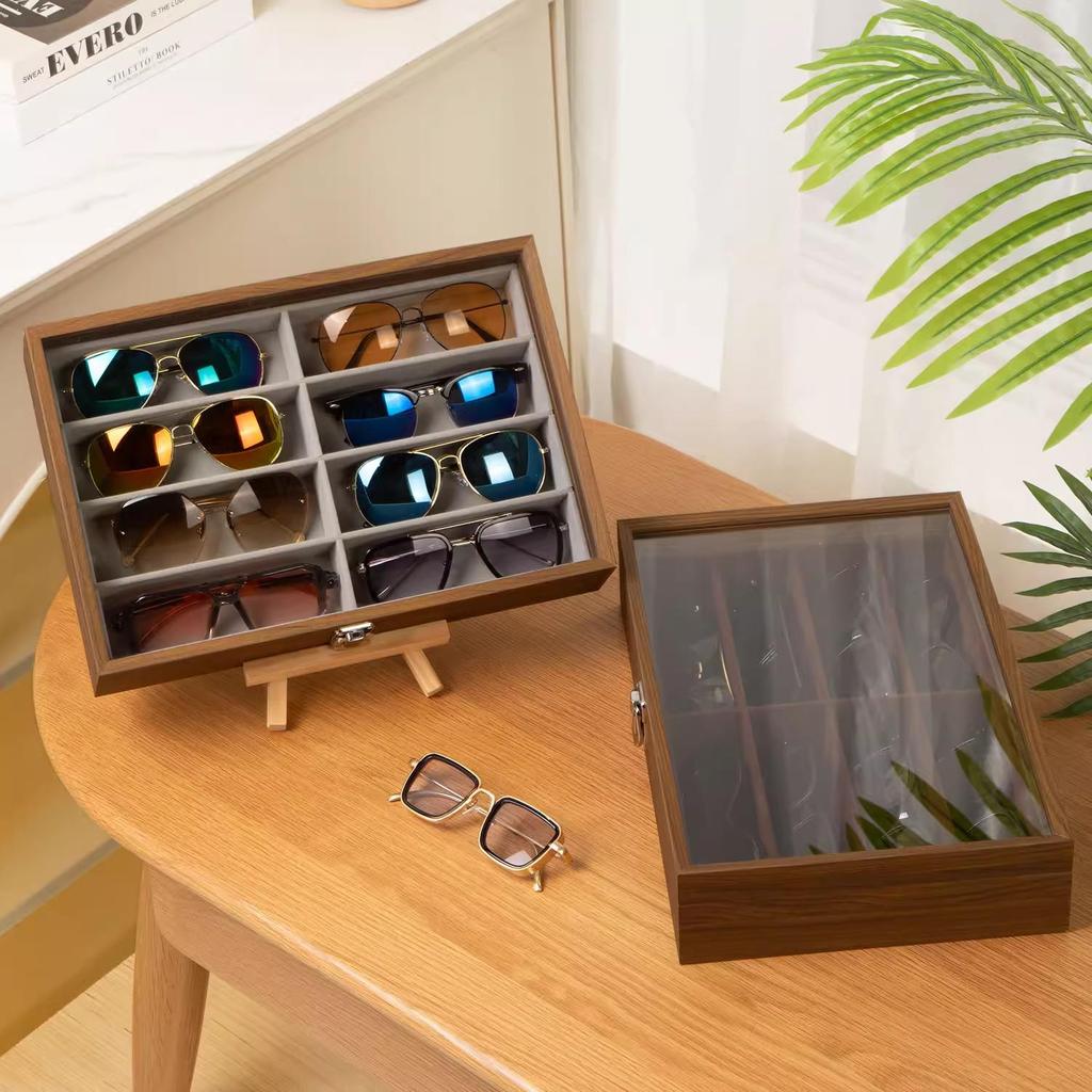 Walnussholzmaserung Transparenter Deckel High-End Acht-Fächer Sonnenbrillen-Aufbewahrungsbox