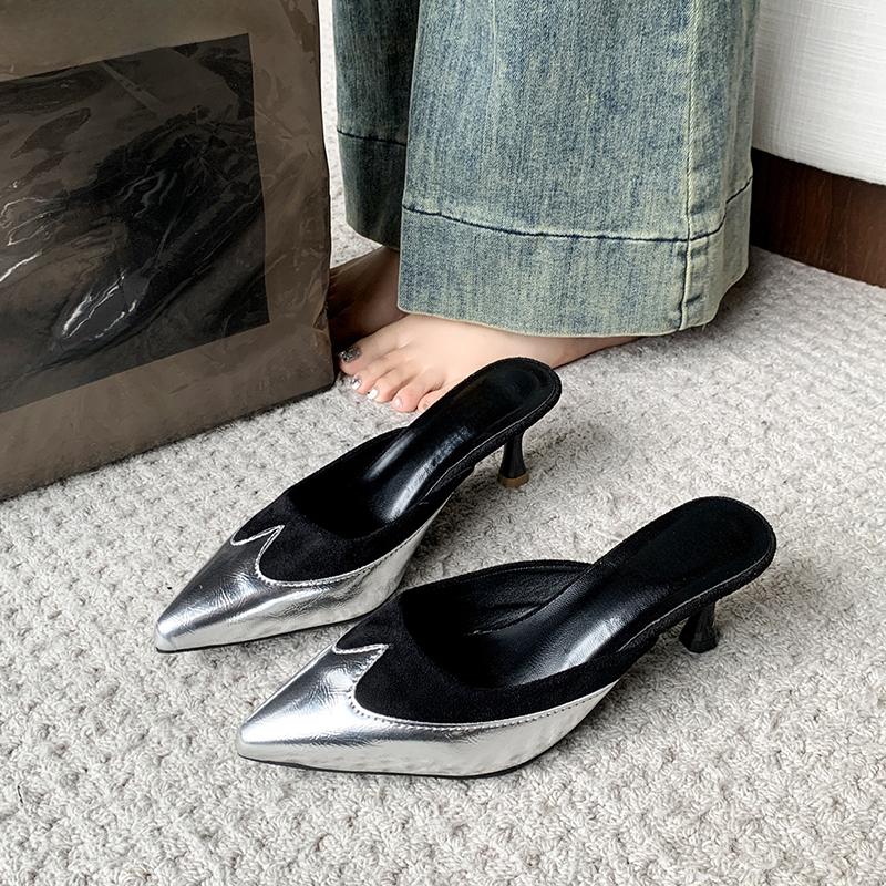 

Модная обувь на тонком каблуке, женские тапочки, женские мюли с закрытым носком, низкие шлепанцы, модные разноцветные сандалии 2025, мюли, роскошь, лето 35 чёрный