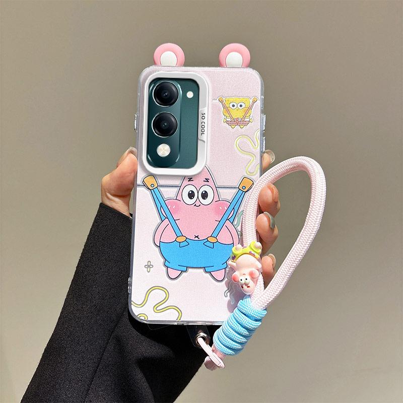 KEYSION Cute Ear Cartoon Case for VIVO Y04 Y04s with Lanyard Soft Silicone+PC Shockproof Phone Cover for VIVO Y29s Y29t 5G