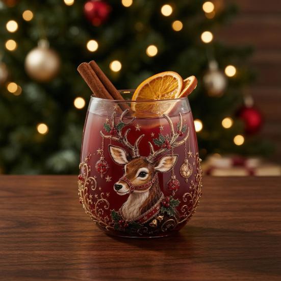 Retro-Stil Feiertagsgeschirr Weihnachts-Glaskunstbecher mit Löffel, Klassischer handbemalter Borosilikat-Design-Becher mit Weihnachtsmann, Rentier, Schneemann, Glasware