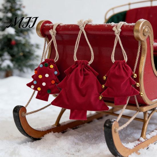 Fabric Storage Bags for Gifts Christmas Tree Shaped Gift Bag, Reusable Drawstring Treat Goody with Pompoms Pom Bell Hanging Ornaments Bells,