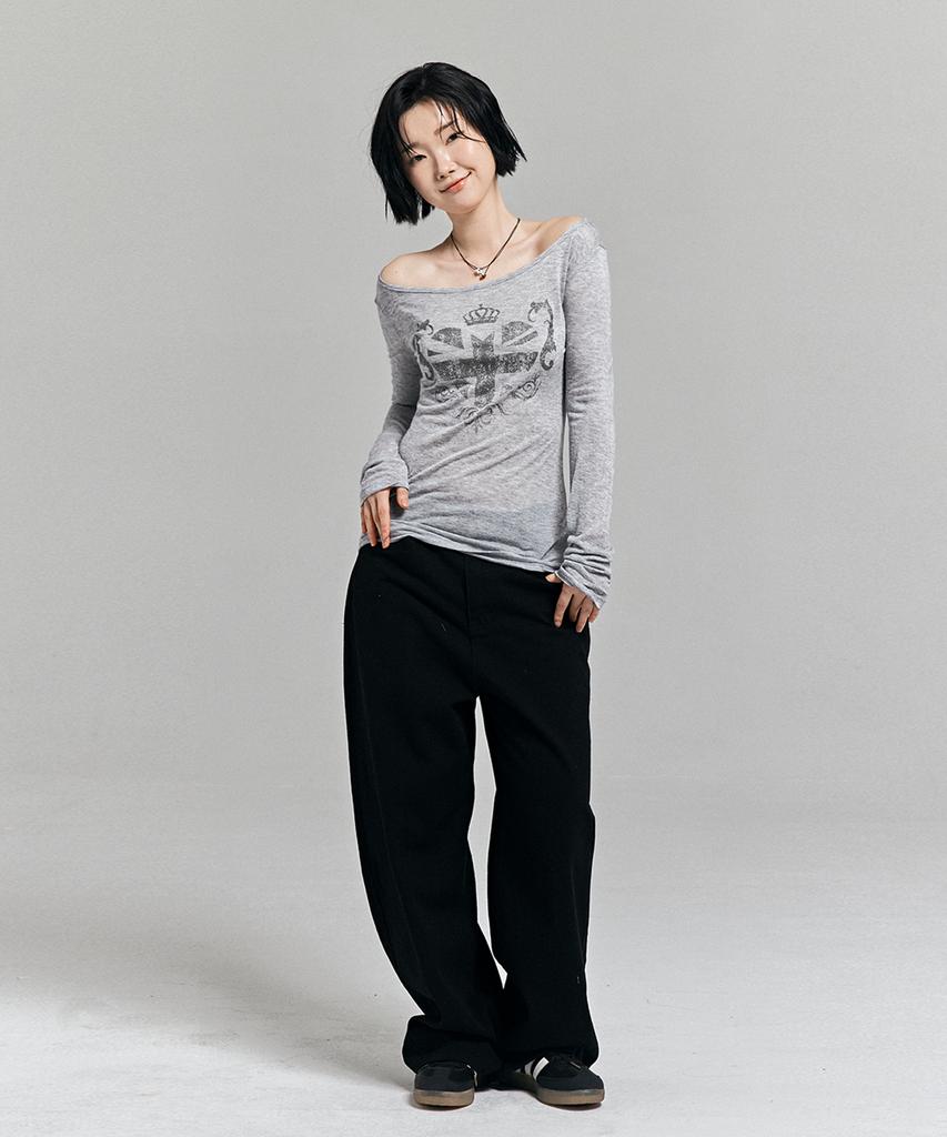 AWESOME STUDIO See-Through Union Jack Long Sleeve T-Shirt Melange Grey