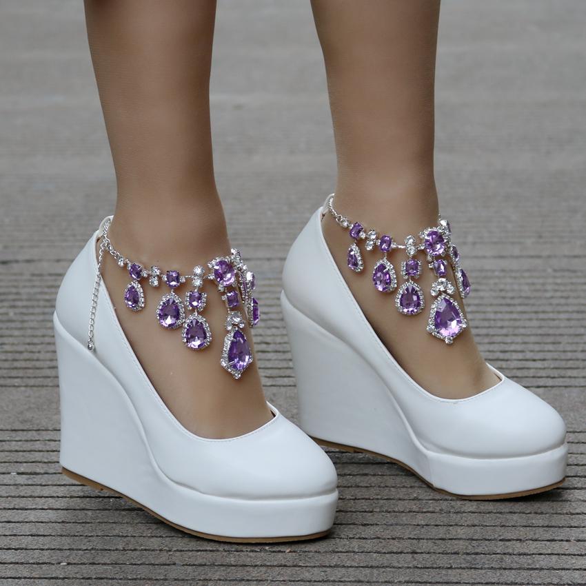 Ankle Strap Wedges Pumps Large Size Bridal Women Rhinestone Platform Shoes Mary Jane High Heels