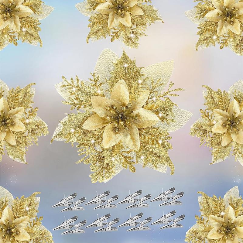 2/5Pcs 14cm Glitter Artifical Christmas Flowers Mreey Christmas Tree Decor Happy New Year Ornaments Xmas Fake Flowers Natal