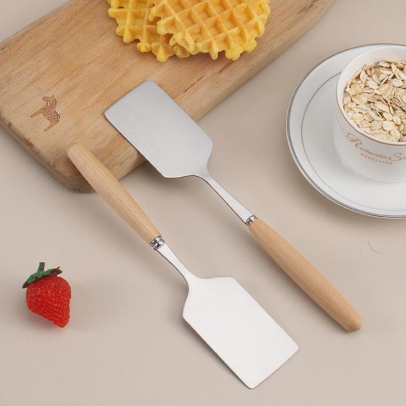 Stainless Steel Square Head Steak Cooking Spatula Wood Handle Pizza Shovel Pancake Beef Scraper Bbq Utensils For Kitchen CDN