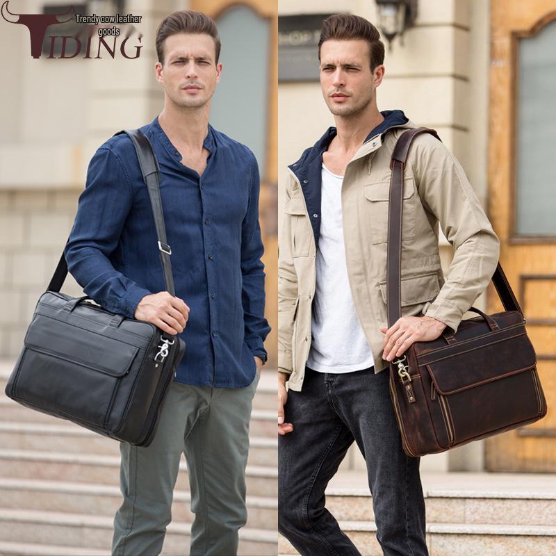Genuine Leather Men's 17-inch Laptop Briefcase, Crossbody Cowhide Commuter Bag