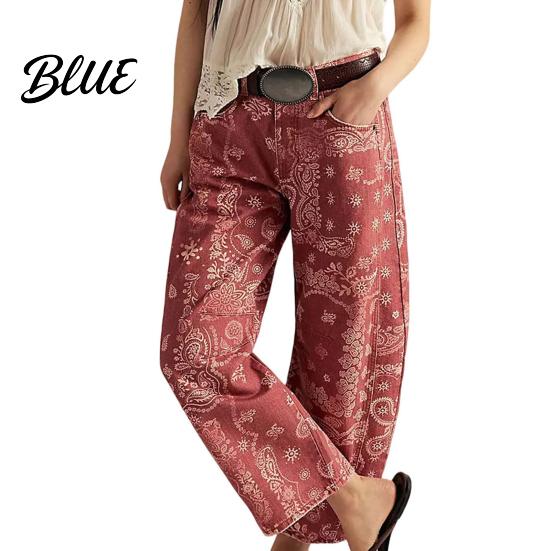 Wide-leg Denim Pants for Women Barrel Jeans Floral Print Boyfriend Baggy Casual Mid Rise Wide Leg Ankle