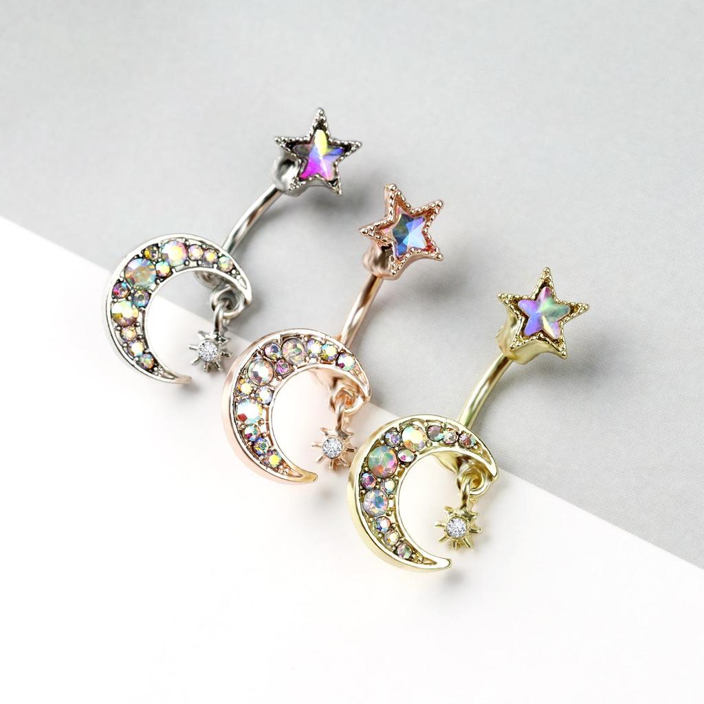 Cross-Border Moon & Star Belly Button Ring - Stainless Steel Piercing Jewelry for Women