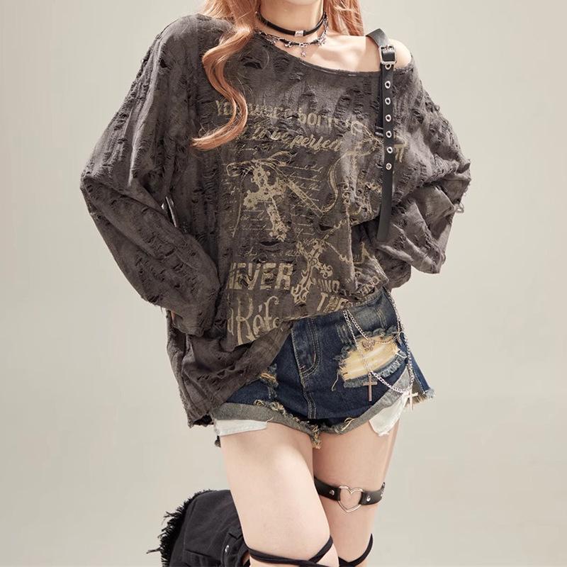 Wasteland Off-Shoulder Printed Cover-Up: Women's Loose Long Sleeve Ripped T-Shirt for Summer Sun Protection.