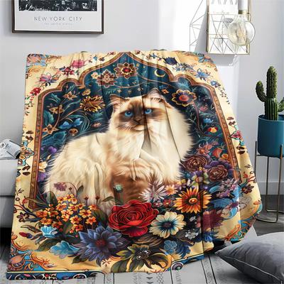 1Pc Boho Floral Cat Print Flannel Blanket, High Quality Comfortable for All Seasons, Home Decor, Warmth and Comfort, Perfect for Christmas Gifts