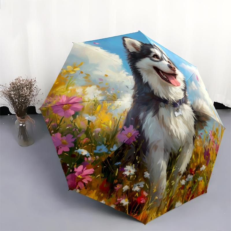 Husky and Grass pattern, automatic folding umbrella, portable and foldable design, 8 ribs, a Christmas or birthday gift.