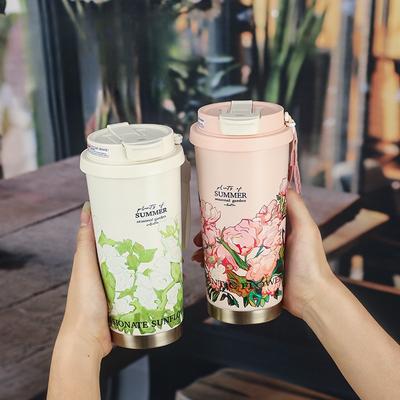 Copo Térmico Kawaii Flor de Cerejeira 500ml 2 em 1 Beber & Canudo Copo de Viagem para Café Caneca a Vácuo de Aço Inoxidável com Alça de Pulso