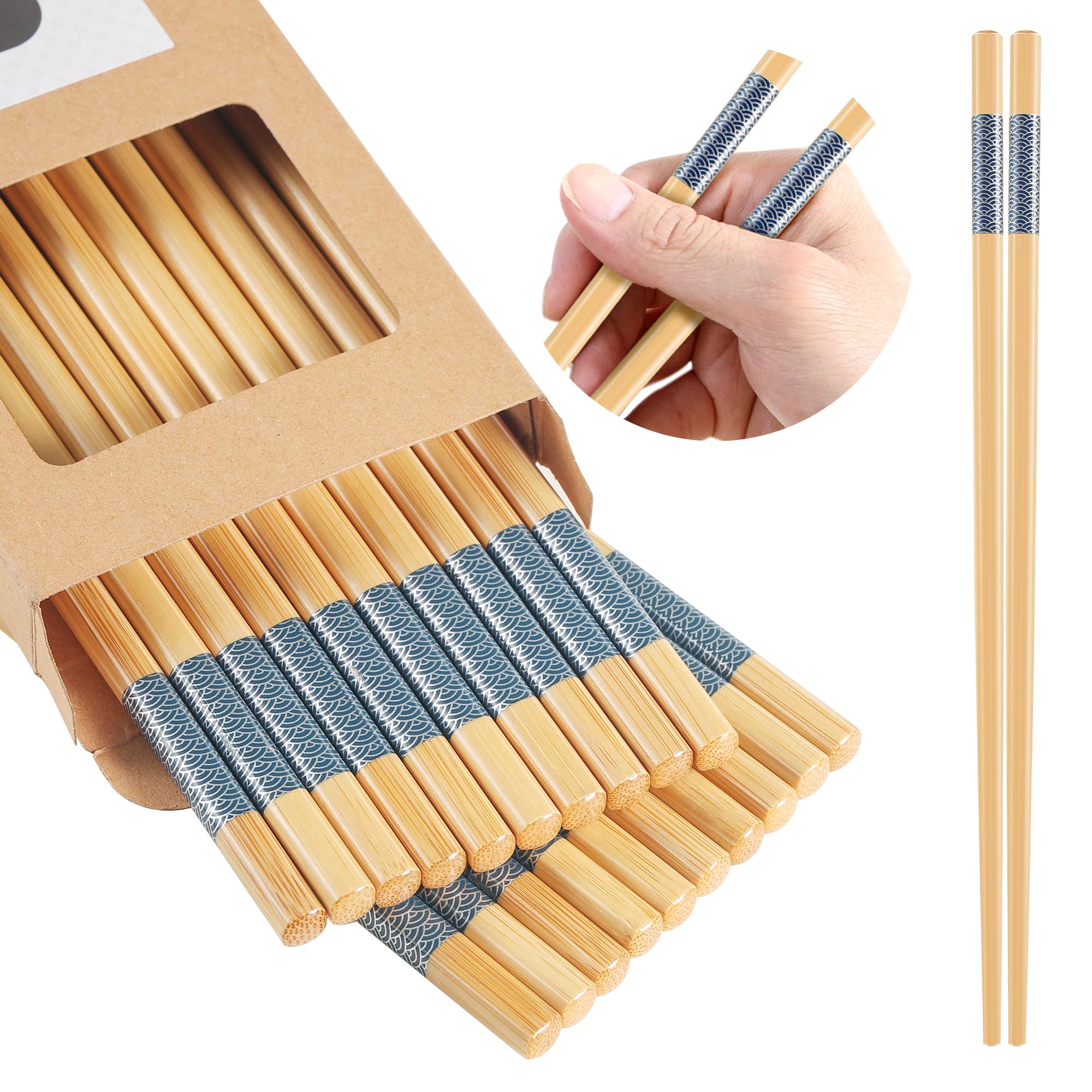 10Pairs Bamboo Chopsticks Reusable | Dishwasher Safe | Non slip | Chinese -(9.45in)