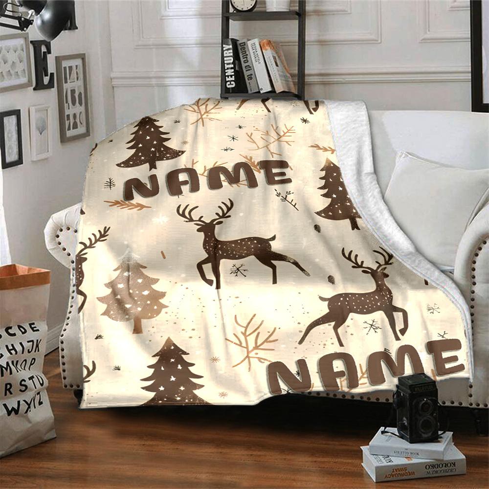 Winter Forest With Deer And Trees Under Snowfall Throw Customizable Blanket Personalized Text Warmthful Decor Perfect For Sofa Couch Office Bed