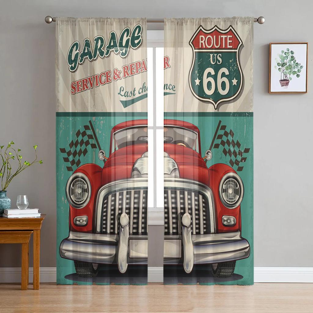 Motorcycle Highway Retro Style Chiffon Curtains Living Room Bedroom Home Decoration Window Voiles Tulle Curtain Light Filtering For Sitting Polyester
