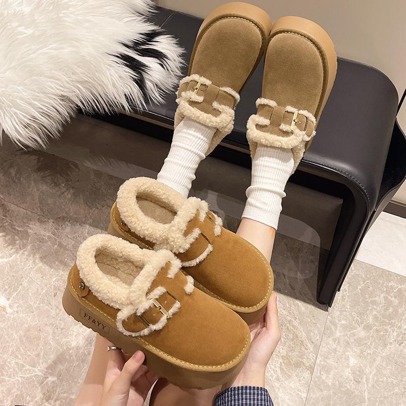 Women's Belt Buckle Fashion Lightweight Soft Sole Winter Warm Fur One Snow Boots Padded Lined Non-slip Casual Sports Cotton Boots Fur Shoes