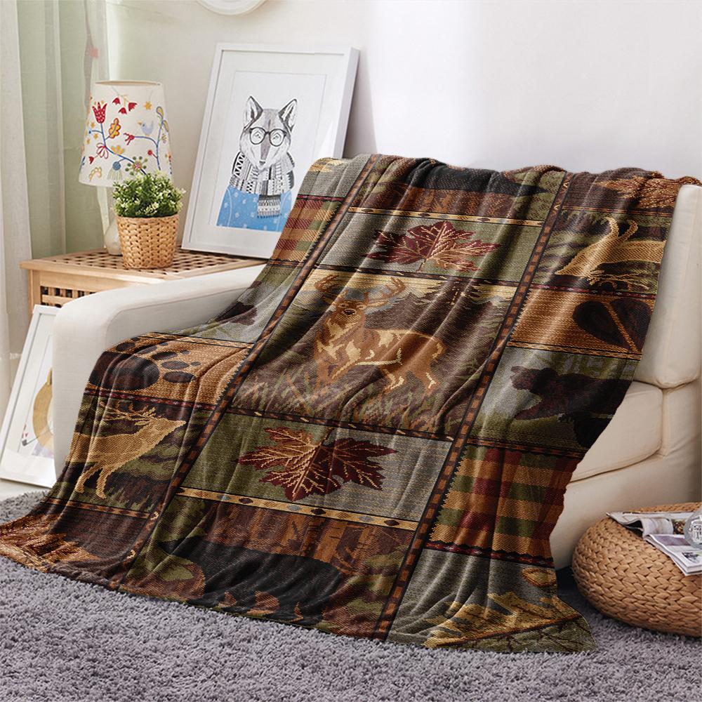 1Pc Cabin Wildlife Print Flannel Blanket, High Quality Comfortable for All Seasons, Home Decor, Warmth and Comfort, Perfect for Gifts