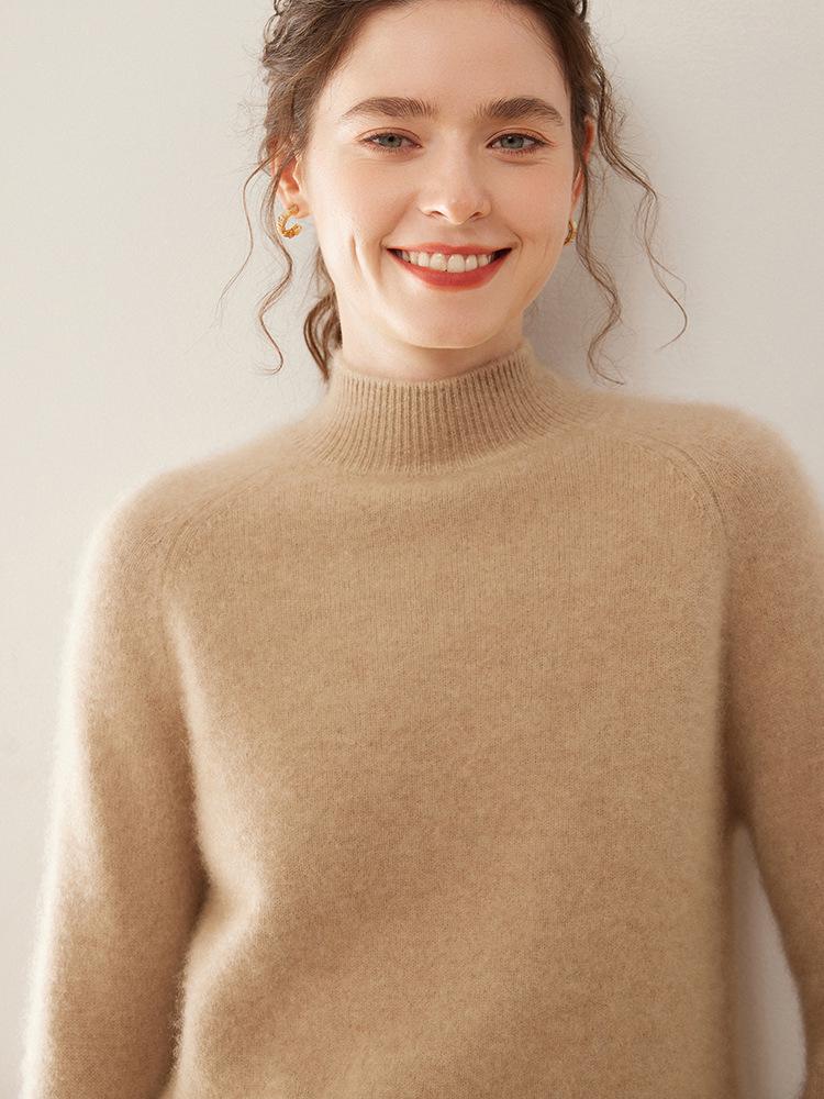 Women's 100% Pure Cashmere Soft Knit Sweater, Half-High Neck, Loose, Skin-Friendly, Slimming Base Layer