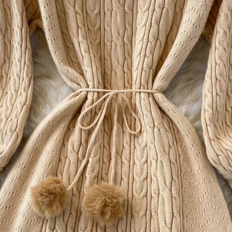 Fall Winter New Retro Knee-length Loose Sweater Dress for Women Twist O-neck Raglan Long Sleeve Hairball Lace-Up Solid Knit Dress