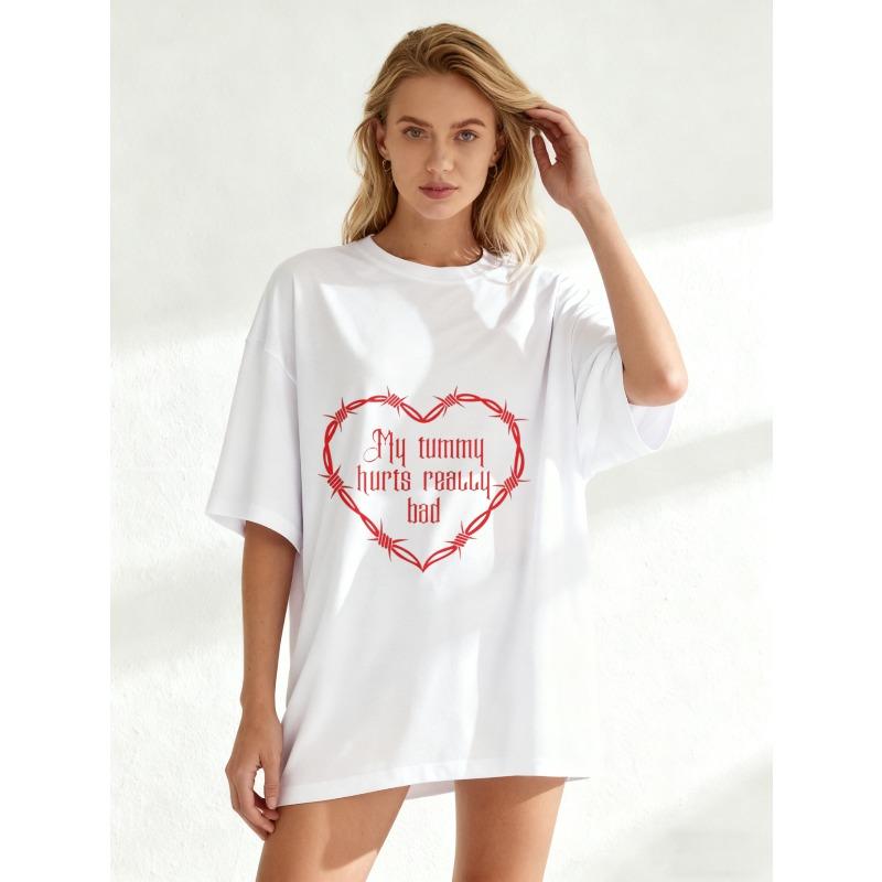 Oversized T Shirt Black Barbed Wire Heart My Tummy Hurts Really Bad Print Casual Streetwear Fashion Top For Women