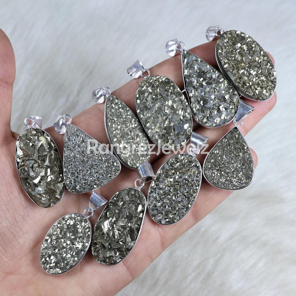 Pyrite Druzy Pendant Sterling Silver Pendant Rough Pyrite Pendant Bezel Pendant Mix Shape Pyrite Gemstone Pendant Gold Pyrite Necklace Jewelry