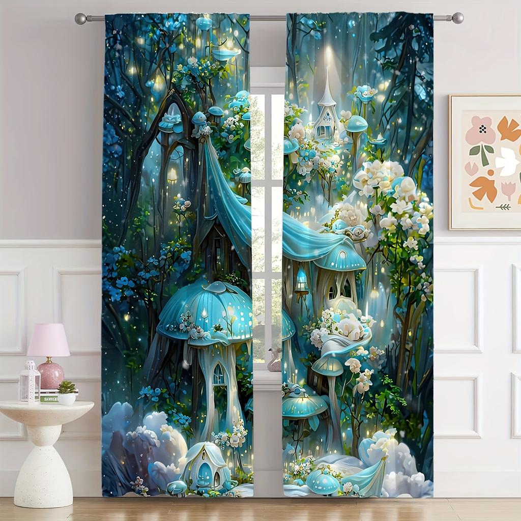 2pcs Mushroom Print Curtains Rod Pocket Decorative Window Drapes Window Treatments For Bedroom Living Room Window Blinds Drape