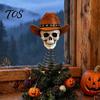 Skull Christmas Tree Topper Gothic with Cowboy Hat, Vintage Western American Wilderness Ornament Skeleton for Halloween, Spooky Top Decoration