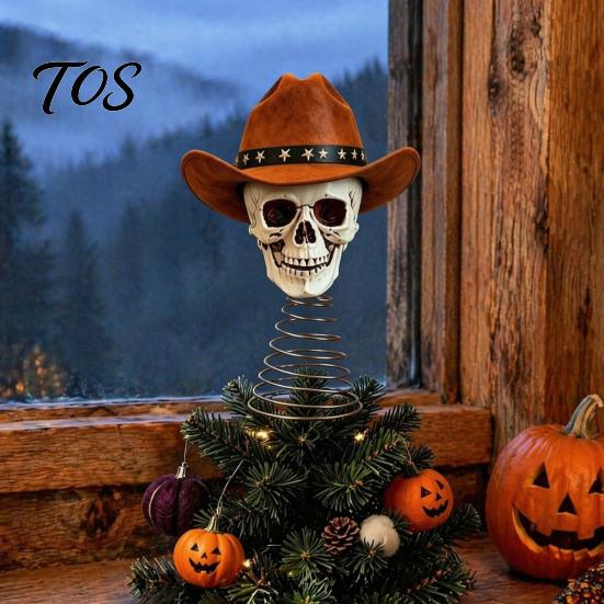 Skull Christmas Tree Topper Gothic with Cowboy Hat, Vintage Western American Wilderness Ornament Skeleton for Halloween, Spooky Top Decoration