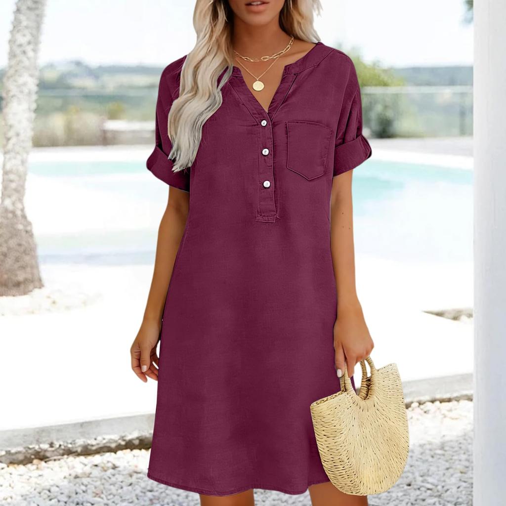 Lockeres V-Ausschnitt Kurzarm Hemdblusenkleid mit Knopfleiste und Taschen-Design Lässiges Sommerkleid für Damen Leinenmischgewebe