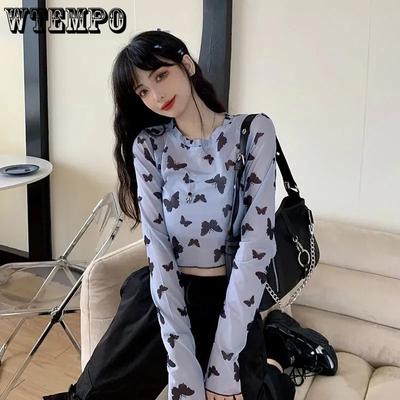 Potisk motýlů Síťovina Oříznuté topy Léto Ženy Trička s dlouhým rukávem Streetwear Kulatý límec Tenká průhledná trička
