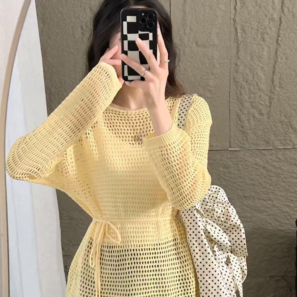 Design Knitted Long Sleeve Hollow Knitted Sweater Loose Top Lazy Round Neck Sunscreen Hoodie